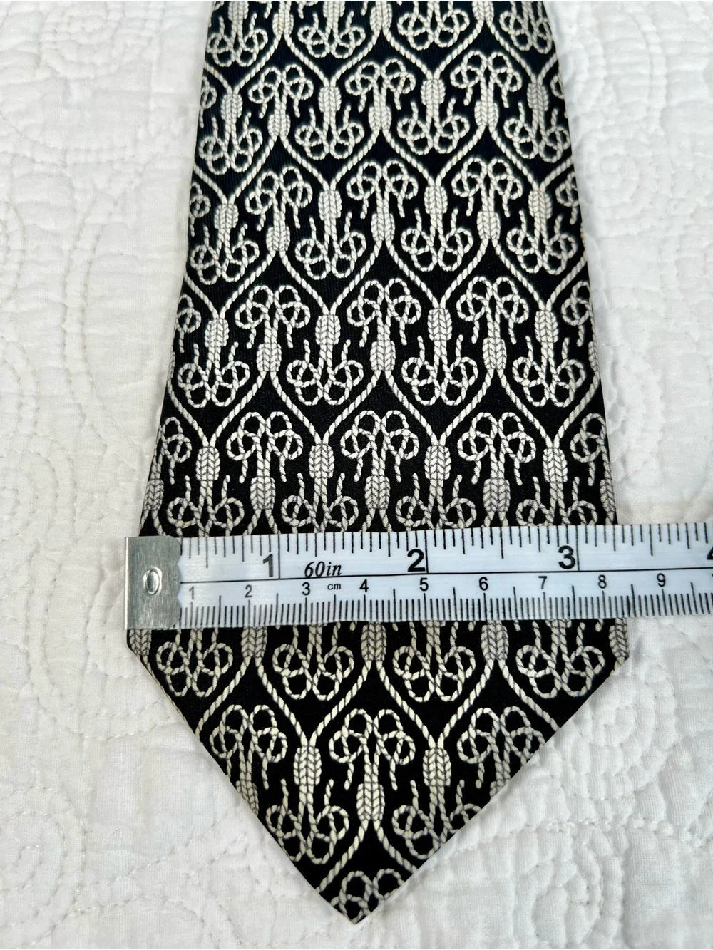Vintage Hermes Silk Tie 694 OA Black White Equestrian Rope Knot Motif France